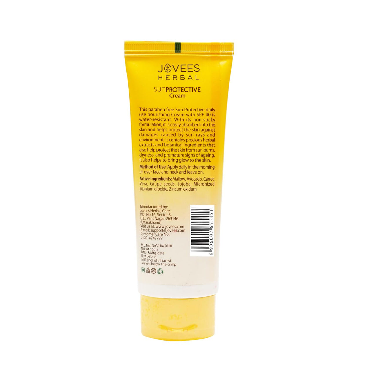 Jovees Herbal Sun Protective Sunscreen SPF 40 | Lightweight, Quick Absorbing and Oil Free - UVA/UVB Protection | Normal to Dry Skin Type | Paraben & Alcohol Free 50g