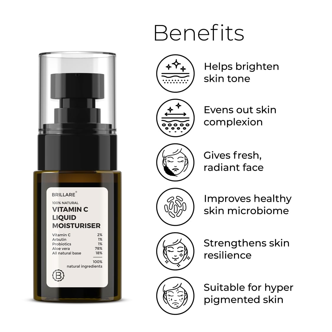 Brillare Vitamin C Liquid Moisturizer For Bright And Glowing Skin, 100% Natural Probiotics Moisturizer, Suitable For All Skin Types