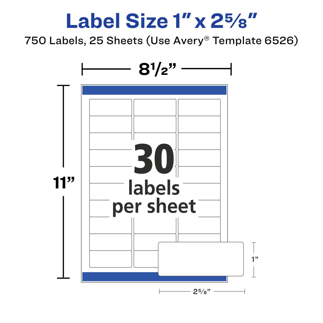 Avery Address Labels with Sure Feed and Easy Peel Technology, Glossy White Labels, 1" x 2-5/8", Permanent, Laser/Inkjet, 750 Glossy Labels (6526) 750 labels 1" X 2-5/8"