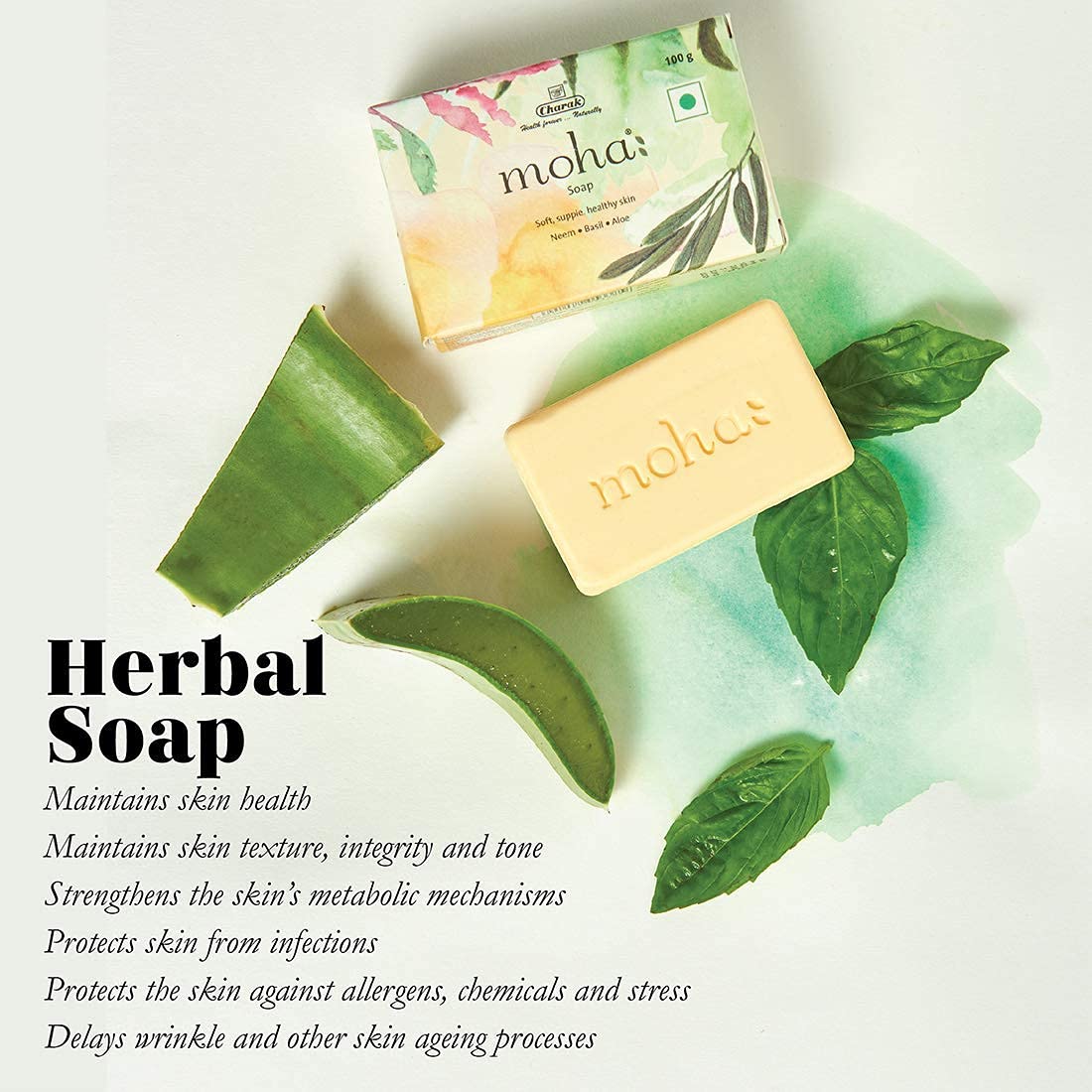 Moha: Herbal Soap A Natural Face & Body Cleanser! With Goodness Of Aloe Vera Gel, Basil & Neem Used As Bathing Soap, Face & Body Soap, Unisex Bathing Bar - 100Gm Each (Pack Of 6)