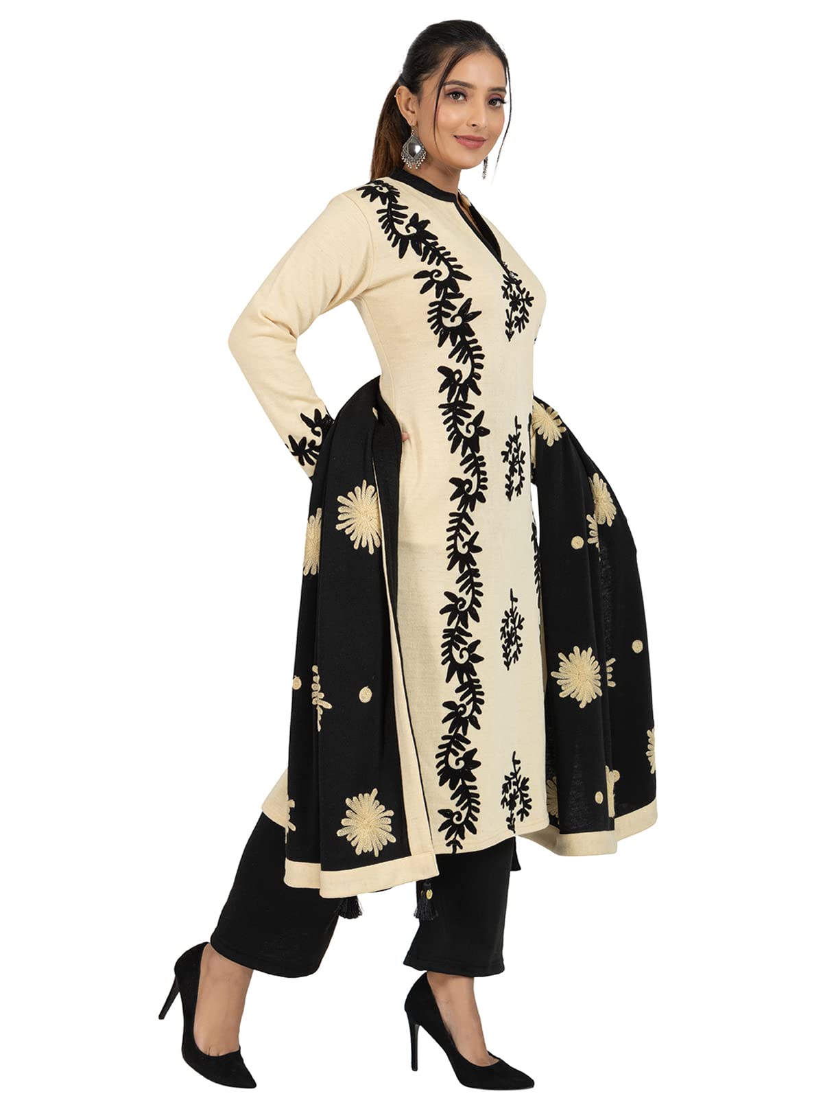 Rosary Women's  Woolen Winter Wear Mandarin Neck Full Sleeve Two Side Pocket Straight Kurta with Palazzo & Stole Set of 3 pc M Navy