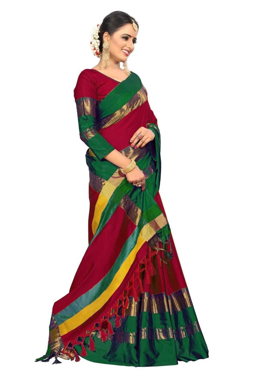 PAREVDEE Women's  Dobby Cotton Saree With Blouse Piece