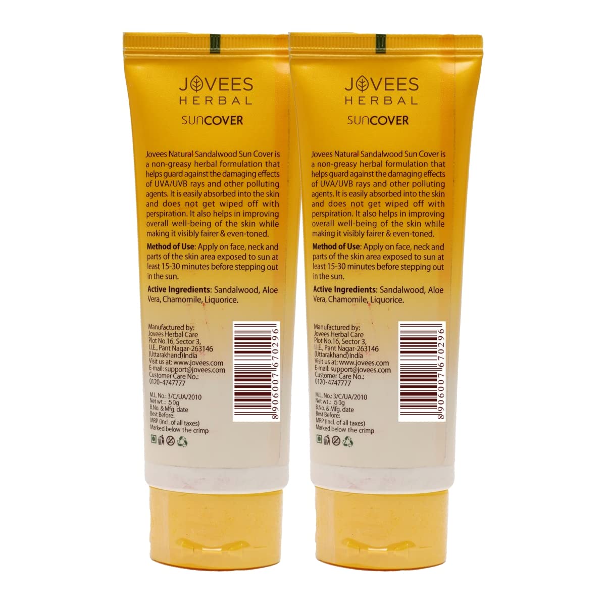 Jovees Herbal Sandalwood Natural Sun Cover SPF 30 | Protect From Sun Damage, UVA/UVB Rays & Blue Light | Lightweight and Oil Free Sunscreen For All Skin Type 50g(Pack of 2)