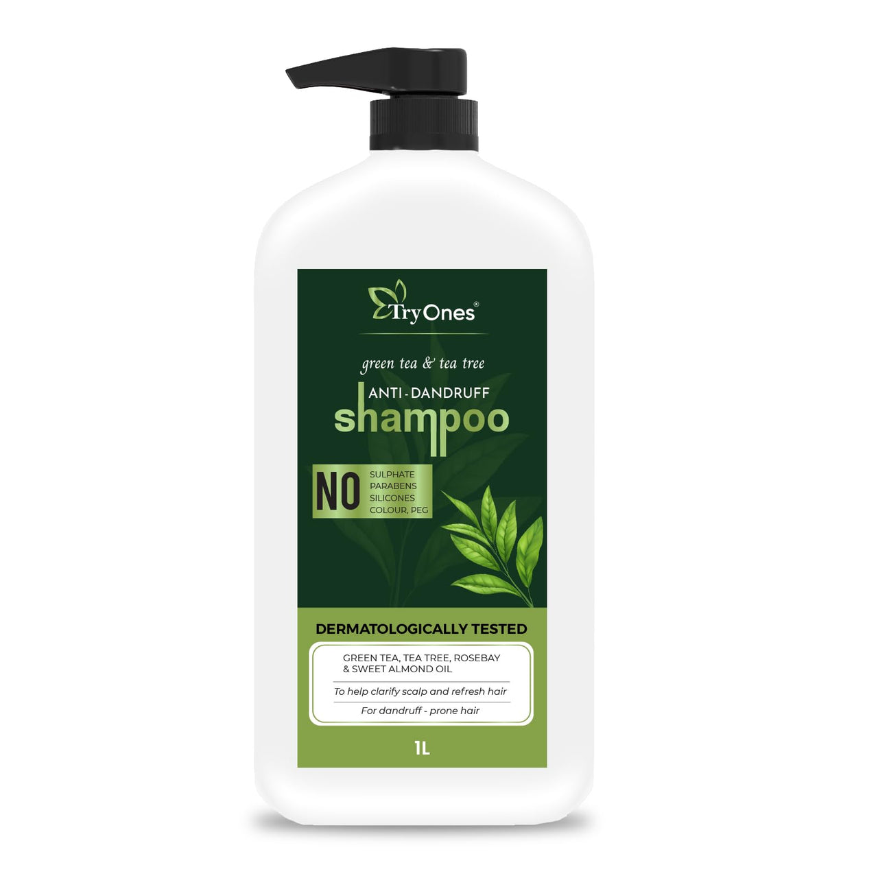 TryOnes Green Tea & Tea Tree Anti-Dandruff Shampoo - No Sulphates, Parabens, Silicones, Color & Peg | 1000 ml