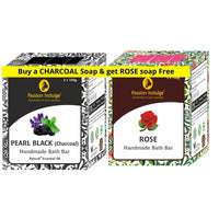 Passion Indulge Handmade Soaps Natural Bath Bar- (Charcoal) Pearl Black and Rose Couple Combo Pack For All Men & Women | All Skin Type | Essential Oil | Vegan (Pack Of 6)