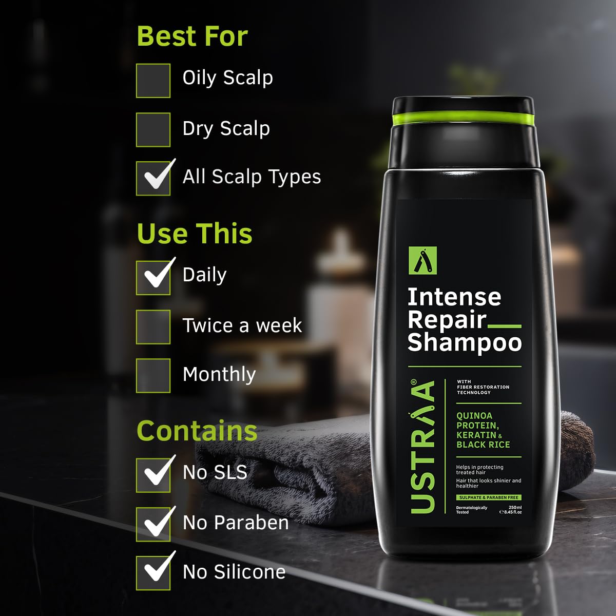 Ustraa Intense Repair Shampoo - 250 ml - Set of 2 | Fiber Restoration Technology | Helps Protect & Restore Hair Bonds | with Black Rice, Quinoa Extracts & Keratin | No SLS, No Paraben