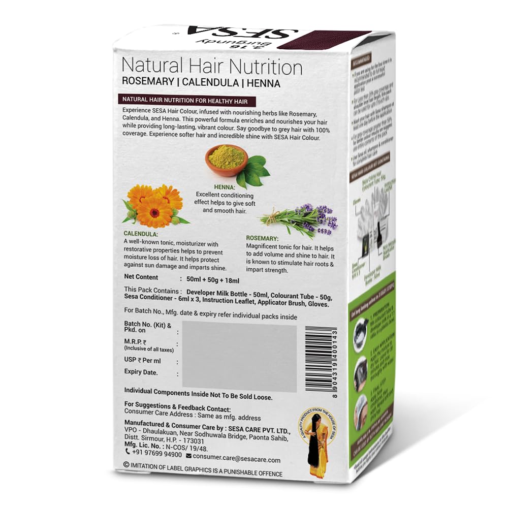 SESA Burgundy Hair Colour For Women and Men Long Lasting for Natural Shiny Smooth Hair with Rosemary, Calendula and Heena, 100% Grey Coverage - Burgundy