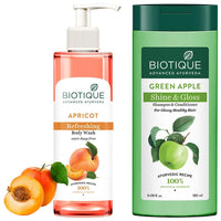 Biotique Bio Green Apple Fresh Daily Purifying Shampoo and Conditioner for Oily Scalp and Hair, 180m & Biotique Apricot Body Wash, Transparent, 200 ml