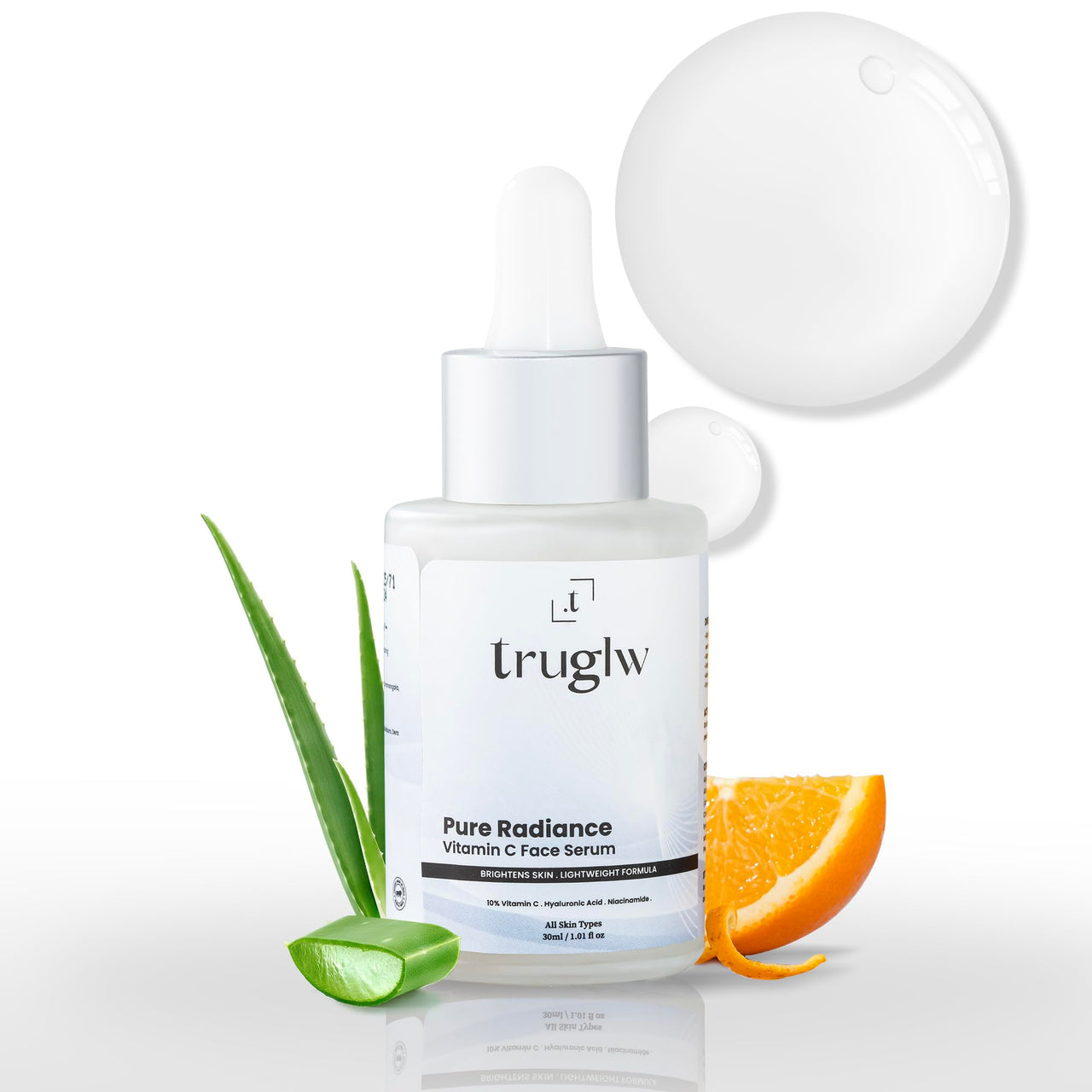 Truglw 10% Vitamin C Serum for Face, Hydrates Dry Skin with 1% Hyaluronic Acid, 5% Niacinamide, Brightens Dull Skin, Fades Dark Spots, Reduces Pigmentation, For Sensitive and Acne-Prone Skin - 30ml