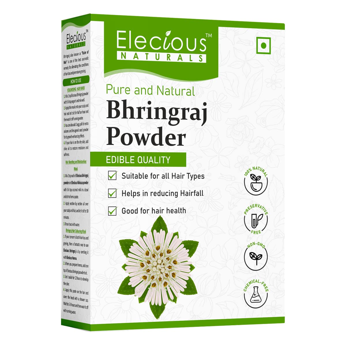 Elecious Pure Bhringraj Powder for hair growth (200 Grams) and Eating | Edible | Ideal for Hair pack, Hair oil and oral consumption | 100% Natural, Preservative free