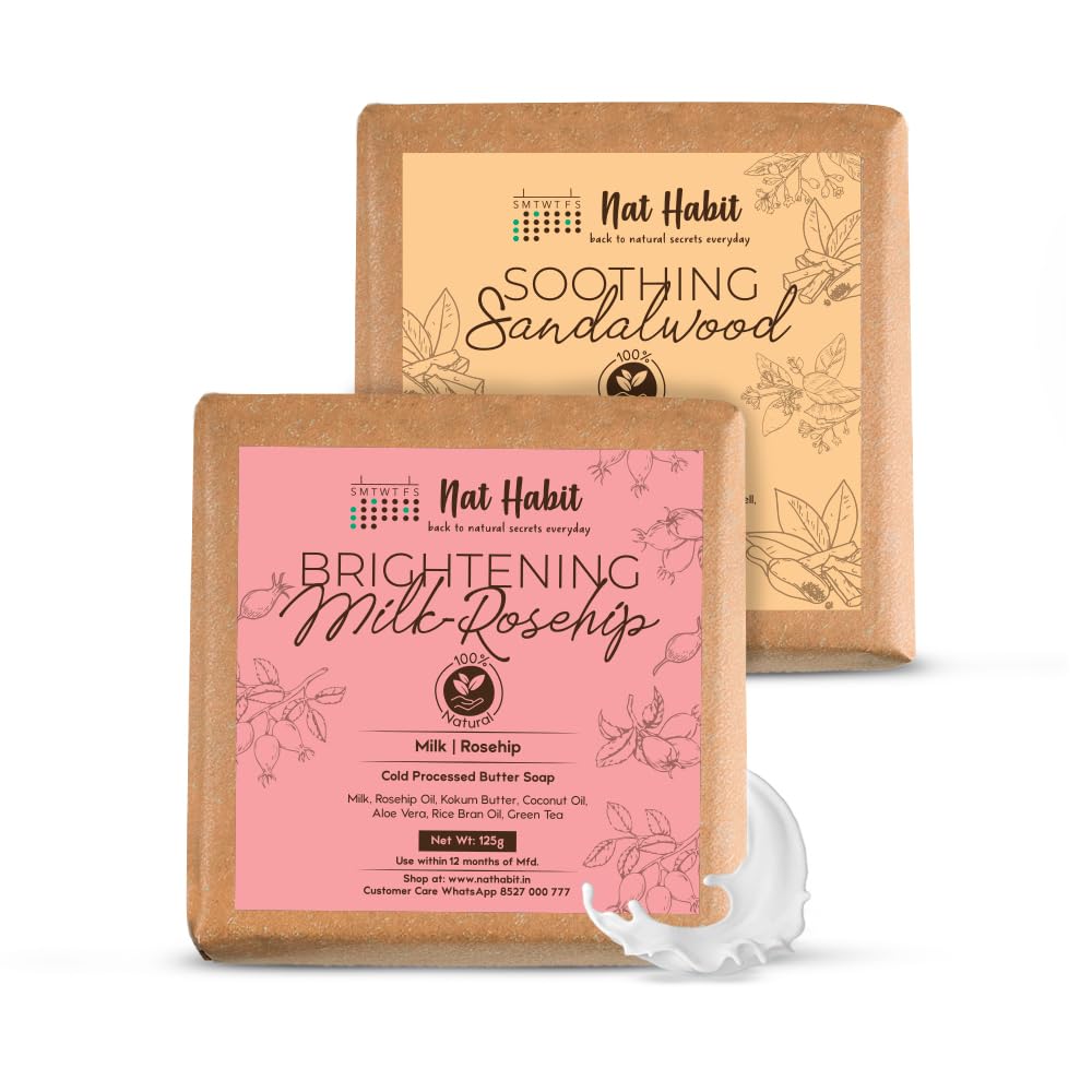 Nat Habit Bath Soap Combo Brightening Milk & Rosehip & Soothing Sandalwood Enriched with Vitamins C & HandeMade For Women & Men Skin Exfoliation, Cleansing, Nourishing (125gm)