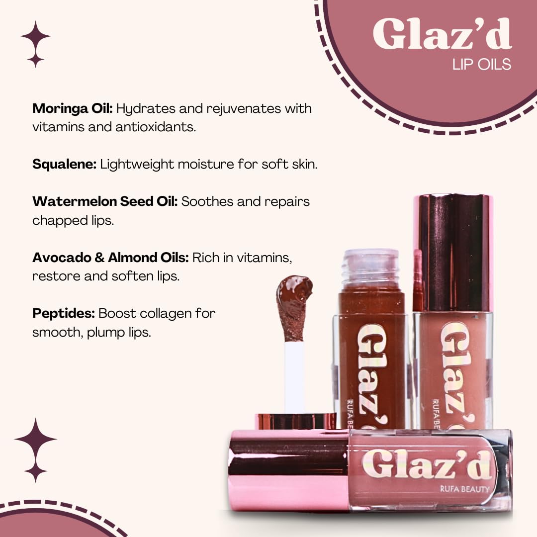 Rufa Beauty Glaz'd Lip Oil with Glossy, Glassy Finish and Deep Nourishing Effects (5ml) (Nudie)