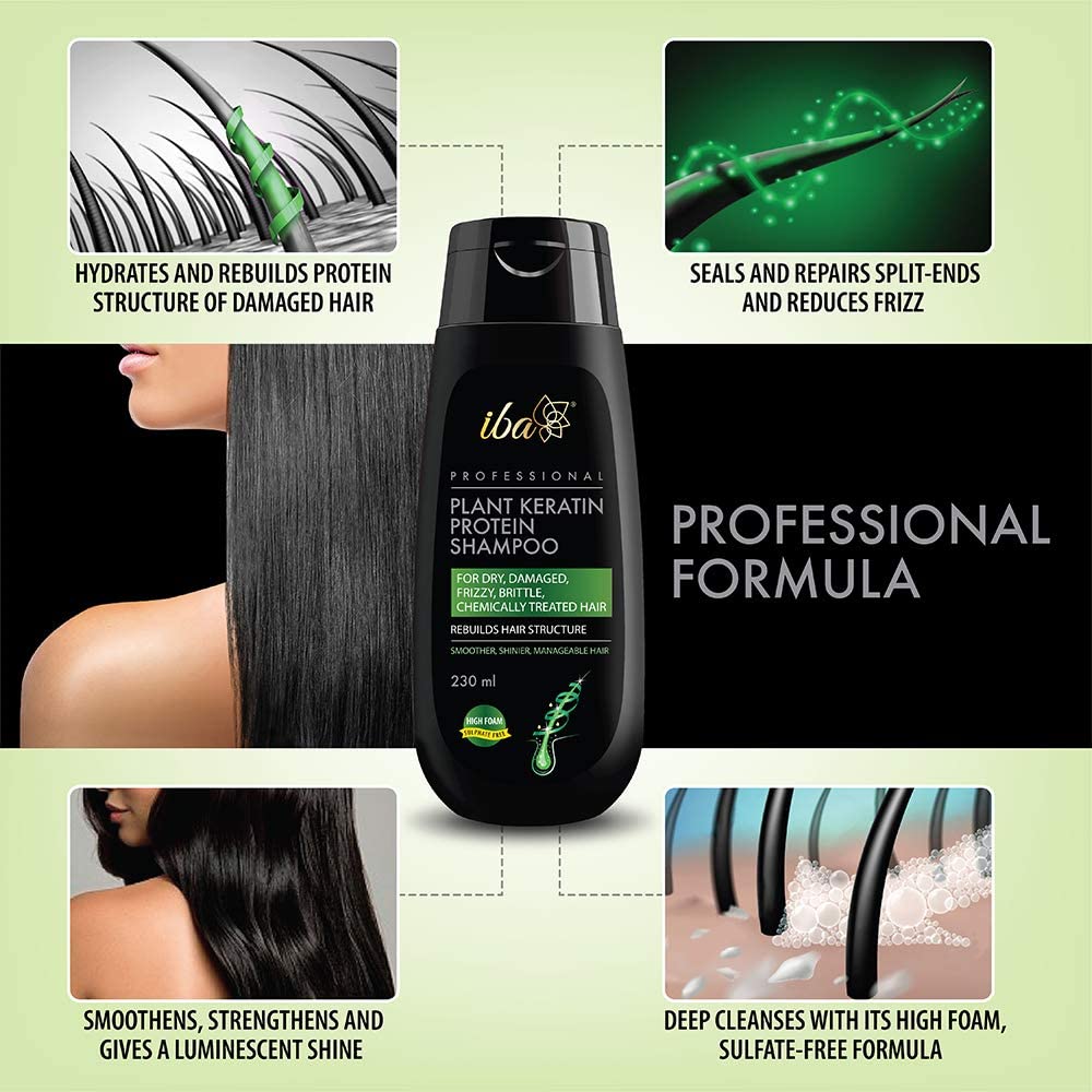 Iba Professional Plant Keratin Protein Shampoo for Hair Smoothening, Hydrates, Moisturizes, Damage Repair, Dry & Frizzy Hair | Free of Sulfate & Paraben | Shampoo for Women | 230 ml