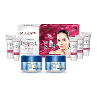 Meglow Beauty Combo for Women Pack of 3- Diamond Kit Facial Kit (105g) with with Complete 5 steps Facial System For Prompt Radiance || Gold Bleach Cream ((2)50g Each)