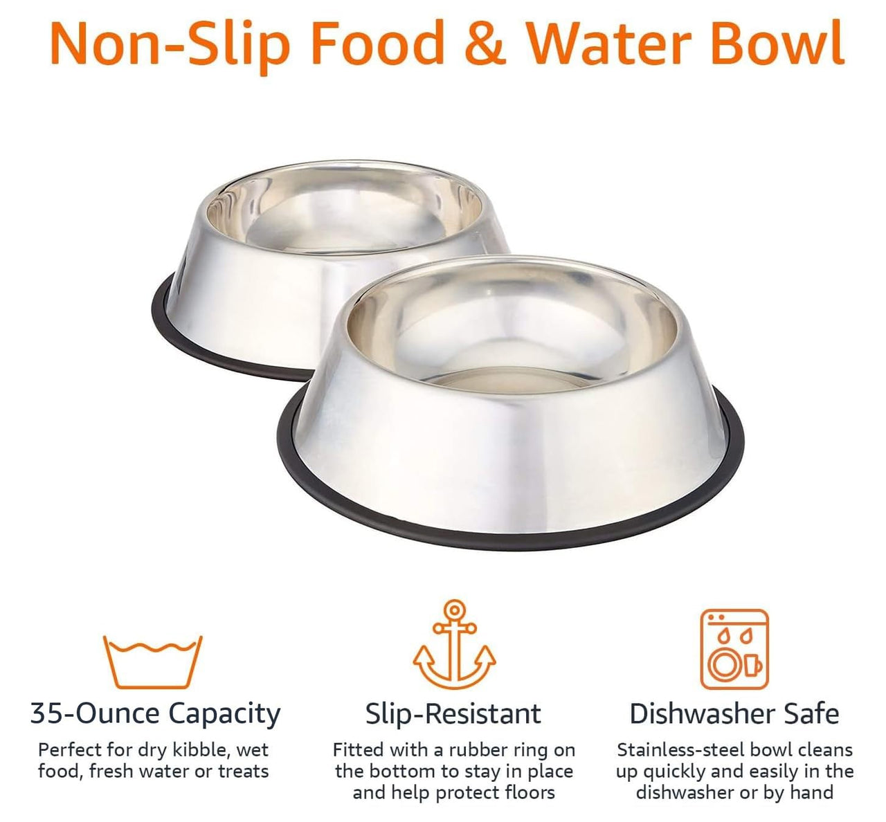 Basics Stainless Steel Non-Skid Pet Dog Water And Food Bowl, 2-Pack (10 x 2.8 Inches), Each Holds Up to 4 Cups