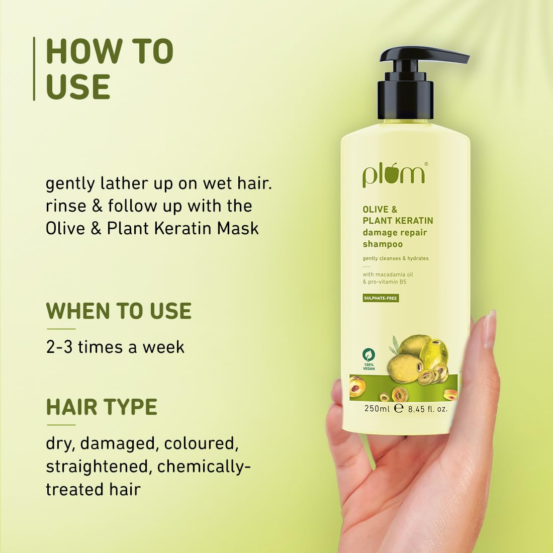 Plum Olive & Plant Keratin Damage Repair Shampoo | Sulphate-Free Shampoo | With Olive Oil, Plant Keratin, Macadamia Oil | Strengthens & Smoothens Hair, Conditions & Adds Shine to Hair | For Damaged, Salon-Treated Hair | 250 ml