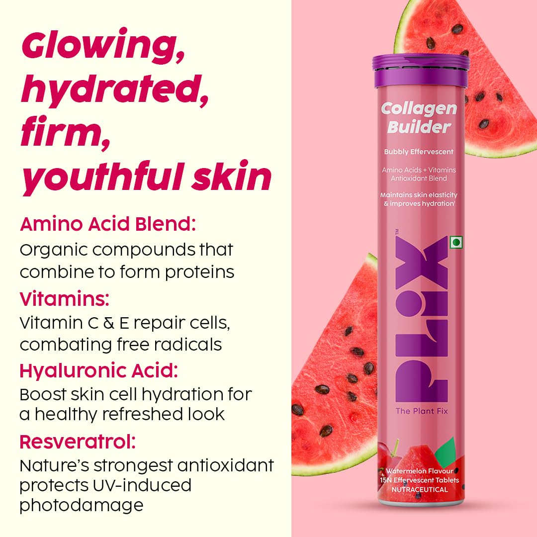PLIX - THE PLANT FIX Collagen Builder Bubbly Effervescent - 15 Tablets (Watermelon) for Hydrated Skin & Anti-Aging | Amino Acid Blend For Collagen Production | Vitamin C & E | 100% Vegan