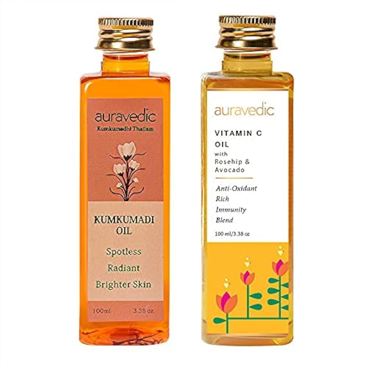 Auravedic Kumkumadi tailam for face Kumkumadi face oil for glowing skin and Vitamin C oil face serum with Rosehip oil 100 ml pack of 2 Vitamin C serum Kumkumadi oil body oil after bath for daily use