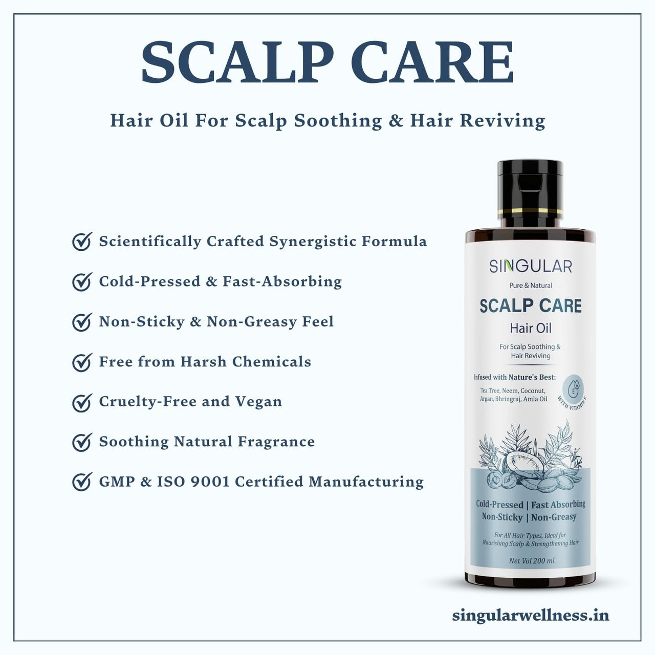 Singular Scalp Care Hair Oil for Scalp Soothing & Hair Reviving | Pure & Natural Cold Pressed Oil Infused with Nature's Best Tea Tree, Neem, Coconut, Argan, Bhringraj, Amla Oil with Vitamin E | Ideal for Nourishing Scalp & Strengthening Hair | 400 ml