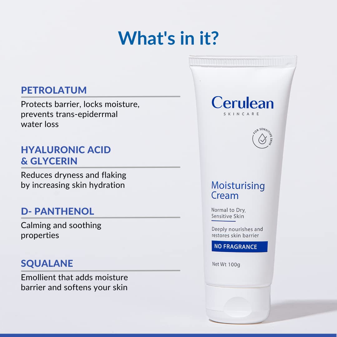 Cerulean Moisturiser for Dry Skin | Glycerin & Hyaluronic for Intense Moisturizing and Skin Strengthening | 100gm | Non-Greasy Barrier Repair Cream with Vitamin E | Dermatologist Recommended Moisturising Cream for Women | Paraben & Fragrance-Free | Non-Co