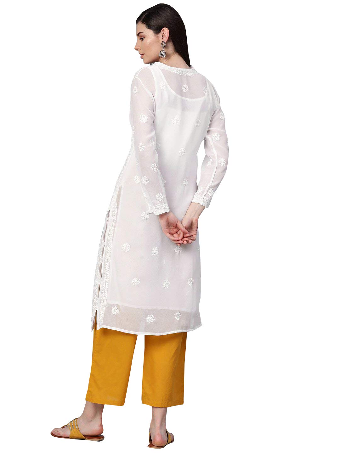 Ada Hand Embroidered Women's  Georgette Lucknowi Chikankari Kurta with Slip A90397 White