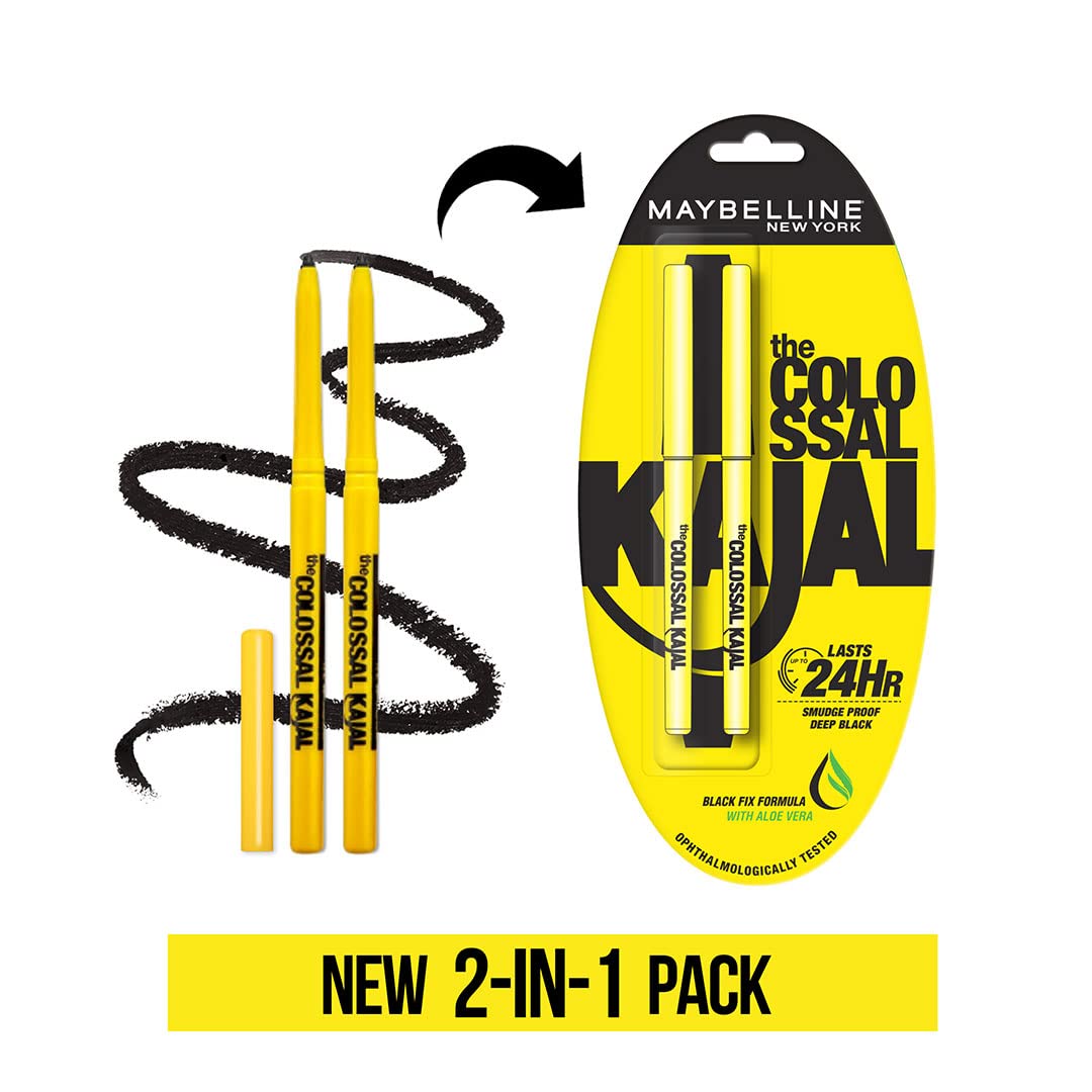 Maybelline New York Kajal Pencil - Twin Pack, 0,35G + 0.35G, Intense Colour, Waterproof, Long Lasting 24Hrs Stay, Colossal Kajal, Black, Matte Finish