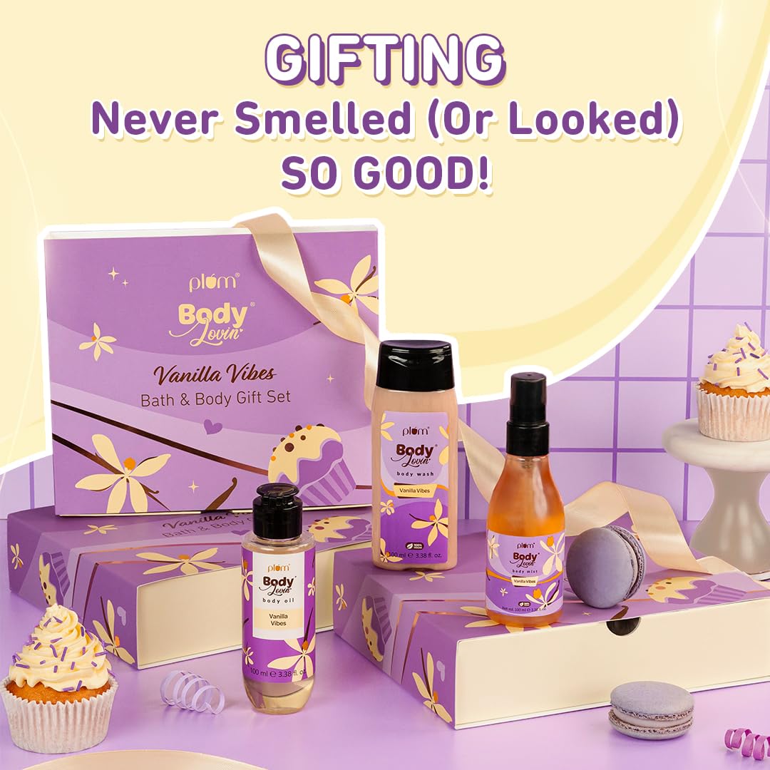 Plum BodyLovin' Vanilla Vibes Bath & Body Gift Set | Body Wash | Body Mist | Body Oil | Long-Lasting Warm Vanilla Fragrance | Gift Set For Women | Gifting For Birthday, Valentine's, Anniversary, Rakhi & Special Occasions| Premium Gift Packaging | Pack Of
