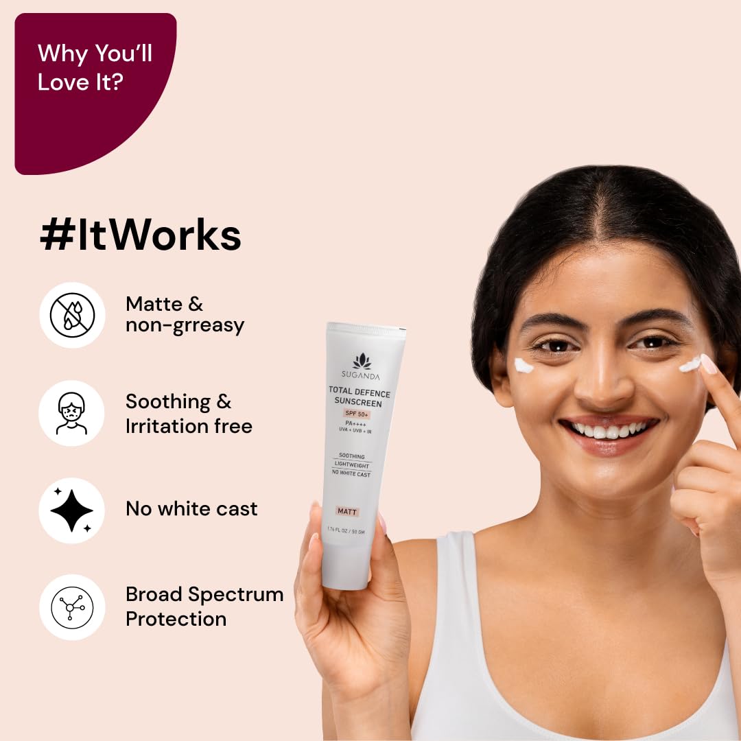 SUGANDA SKINCARE Total Defence Sunscreen | SPF 50| PA++++ | For UVA, UVB & IR Protection | NO WHITE CAST | 50g | with VITAMIN E, NIACINAMIDE & HYALURONIC ACID | ALL SKIN TYPES | MATTE