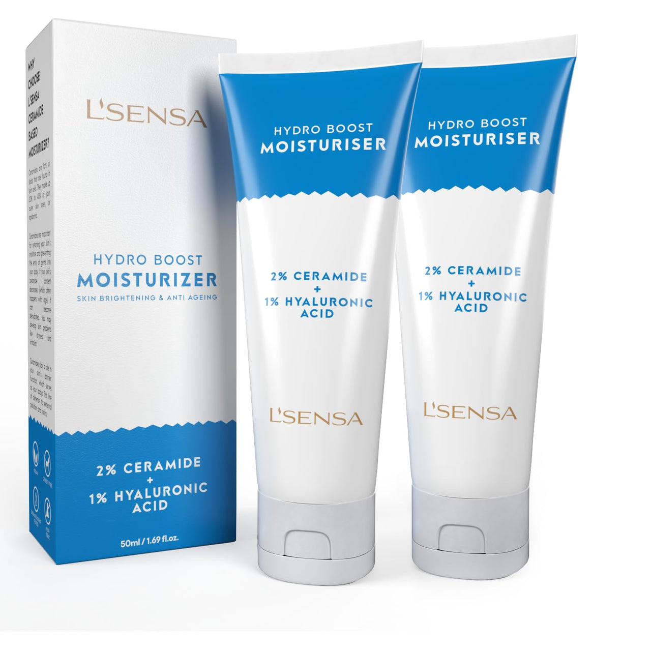 L’SENSA Moisturizer for Face (Pack of 2) |For Oily & Dry Skin |Advance Formulation 2% Ceramide & 1% Hyaluronic Acid-Get Flawless & Glowing Skin | Lightweight Cream For Women & Men | Non Sticky | 50 G