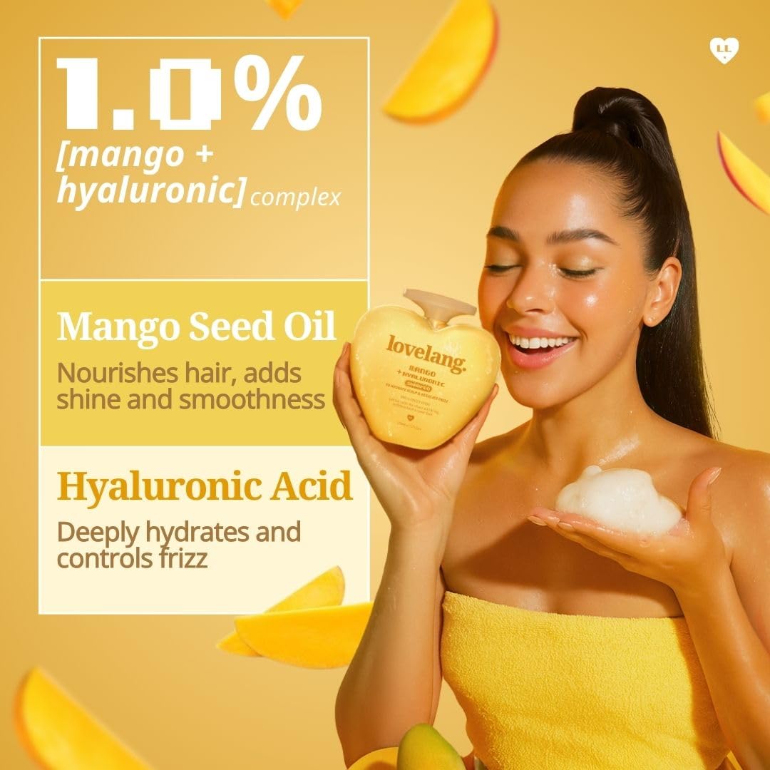 lovelang Mango + Hyaluronic Shampoo | Frizz Control & Hydration Boost | Smoothens & Softens Hair | for Dry, Frizzy Hair| Fruity Mango Scent | 230ml