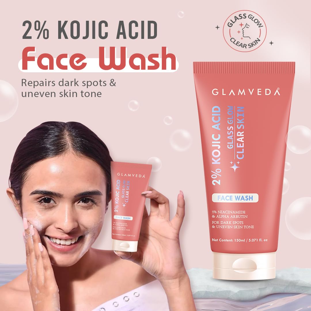 Glamveda 2% Kojic Acid Face Wash With 1% Niacinamide & Alpha Arbutin for dark spot & uneven skin tone clear glow 150ml