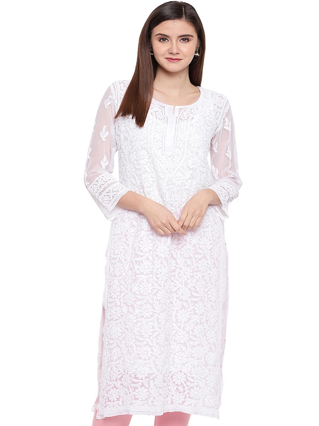 Ada Women's  Handcrafted Traditional Chikan Work Georgette Kurta with Slip A158876 White