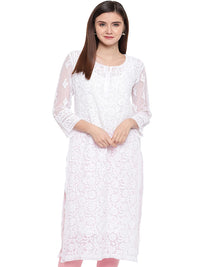Ada Women's  Handcrafted Traditional Chikan Work Georgette Kurta with Slip A158876 White