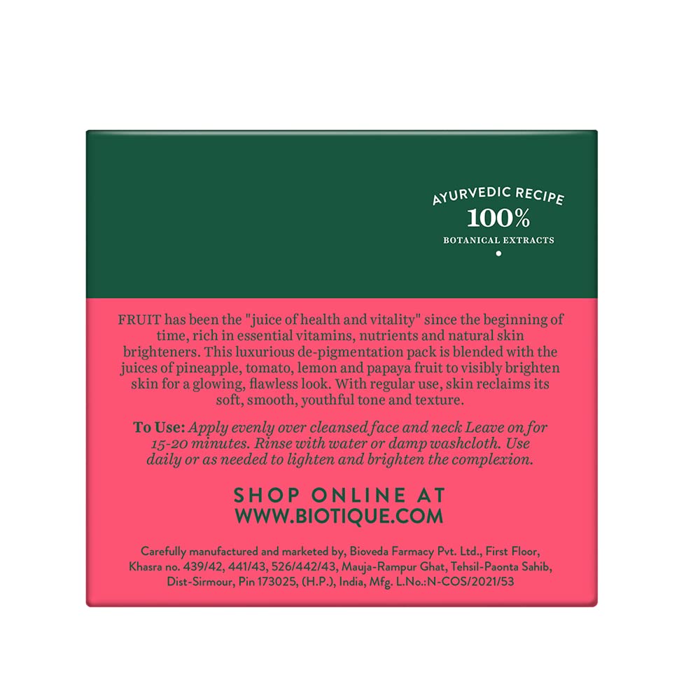 Biotique Fruit Brightening Depigmentation and Tan Removal Face Pack| Ayurvedic and Organically Pure| Tan Removal Face Pack for All Skin Types|100% Botanical Extracts| 75gm