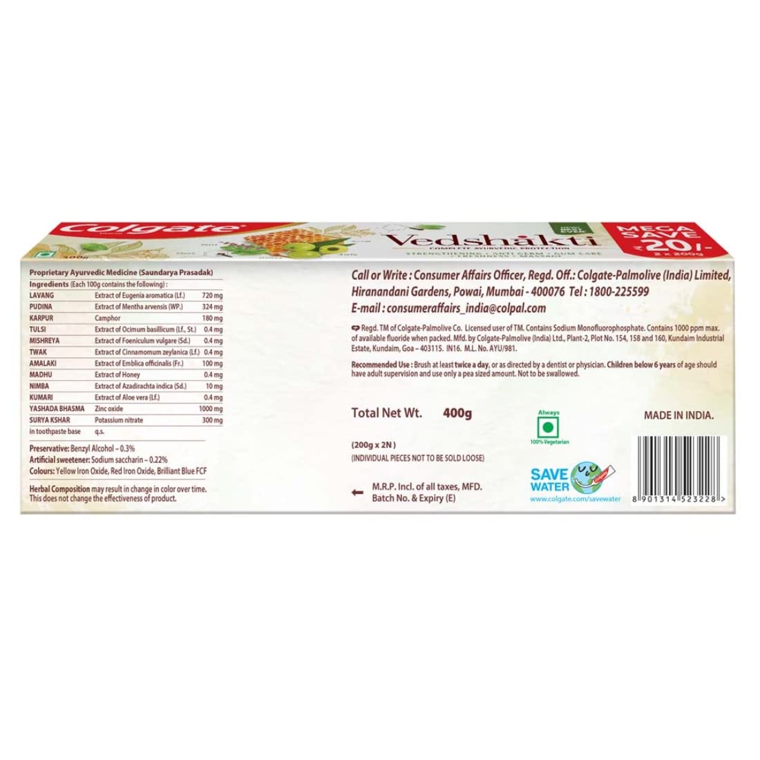 Colgate Vedshakti Toothpaste, Anti-Bacterial Tooth Paste for Whole Mouth Health and Fresh Breath, With Neem, Clove, and Honey, 400g, 200g X 2 (Combo Pack Offer)
