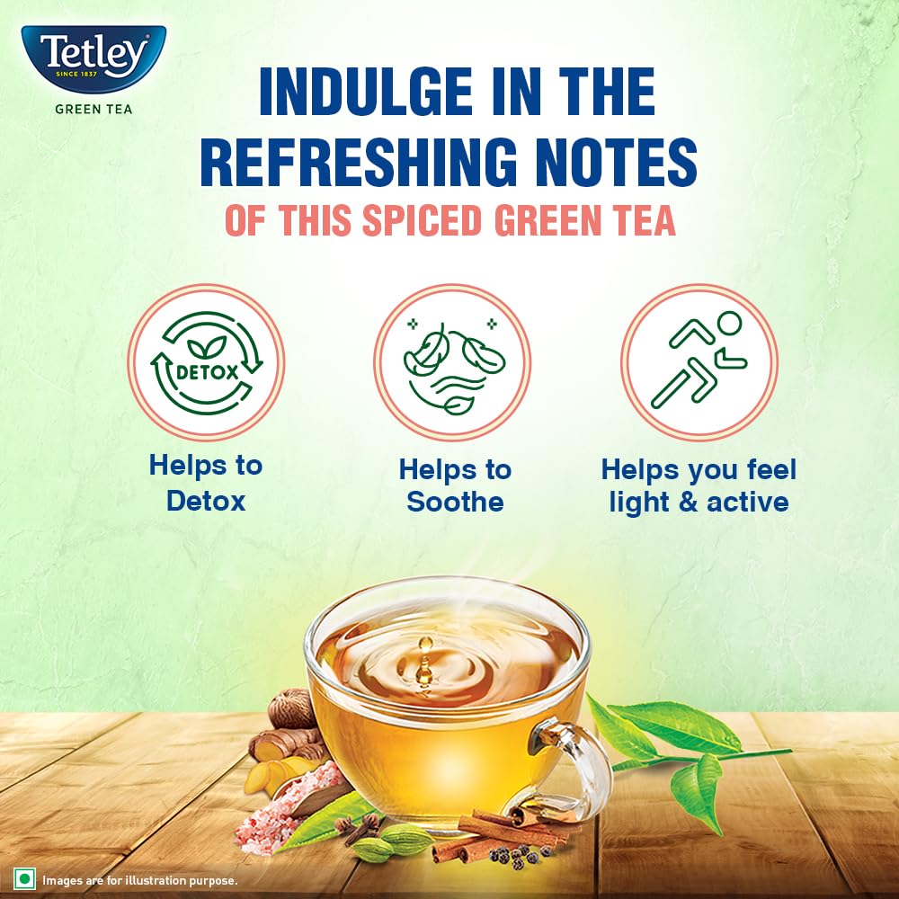 Tetley Green Tea Immune Kahwa with Pink Salt, Ginger, Cardamom (Spiced green tea) with added Vitamin C, 25 Tea Bags