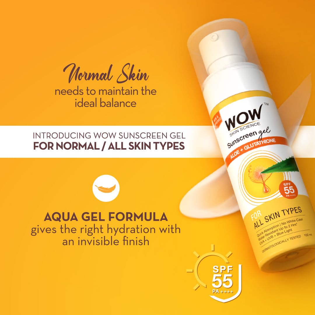 WOW Skin Science Sunscreen Gel For All Skin Types | SPF 55 PA++++ | With Glutathione & Aloe Vera Extract | Lightweight | Quick Absorbing | No White Cast | UVA & UVB Protection | 100 ml