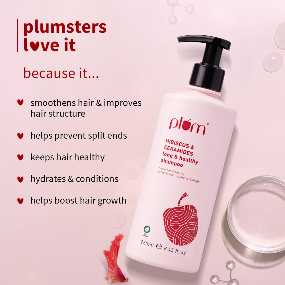 Plum Hibiscus & Ceramides Long & Healthy Shampoo | Hydrates & Conditions Hair, Prevents Split Ends |Contains Hibiscus Extracts, Ceramides | SLS & Paraben Free| 100% Vegan | 250ml