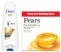 PEARS Pure And Gentle Unscented Bathing Bar, 125G (Pack Of 8) & Dove Hair Therapy Intense Repair Conditioner For All Hair, 175Ml, 9 count