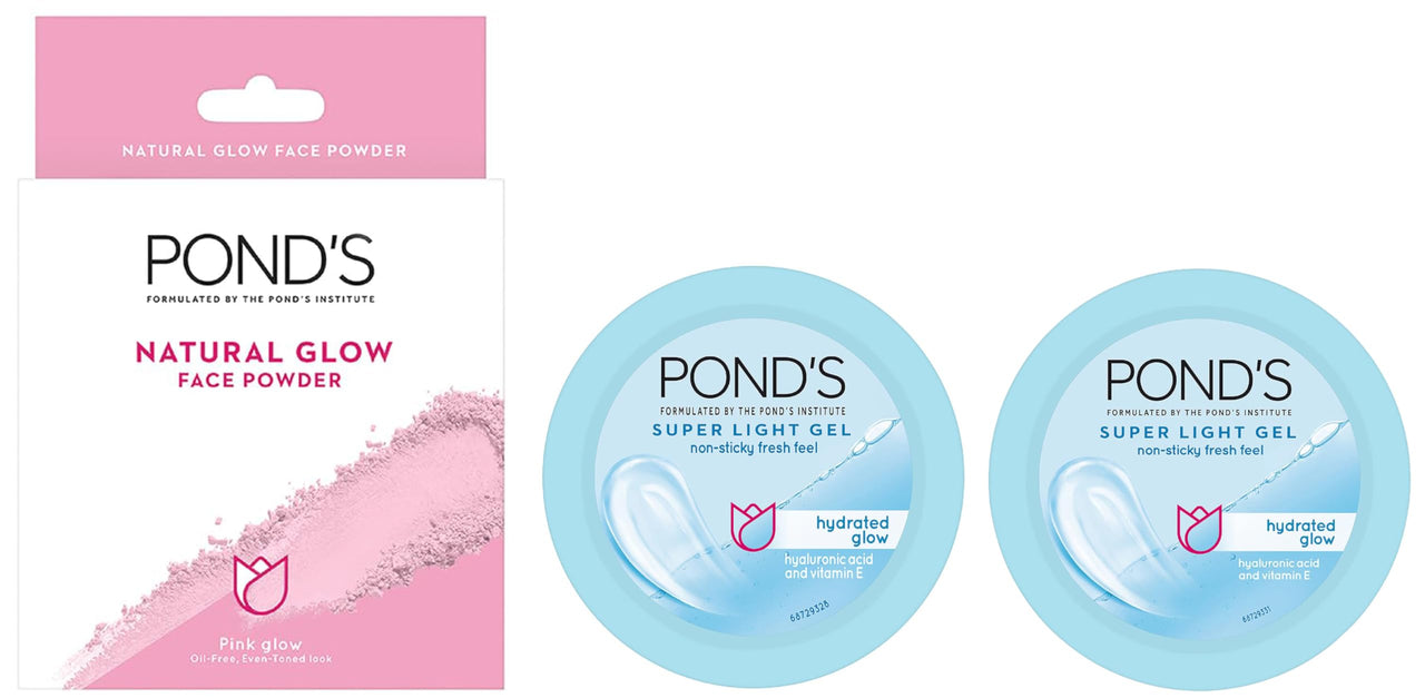 POND's Super Light Gel Oil Free Face Moisturizer 100g & POND's Super Light Gel Oil Free Face Moisturizer 49g, With Hyaluronic Acid & Pond's  Natural Glow Face Powder, Pink Glow - 30G