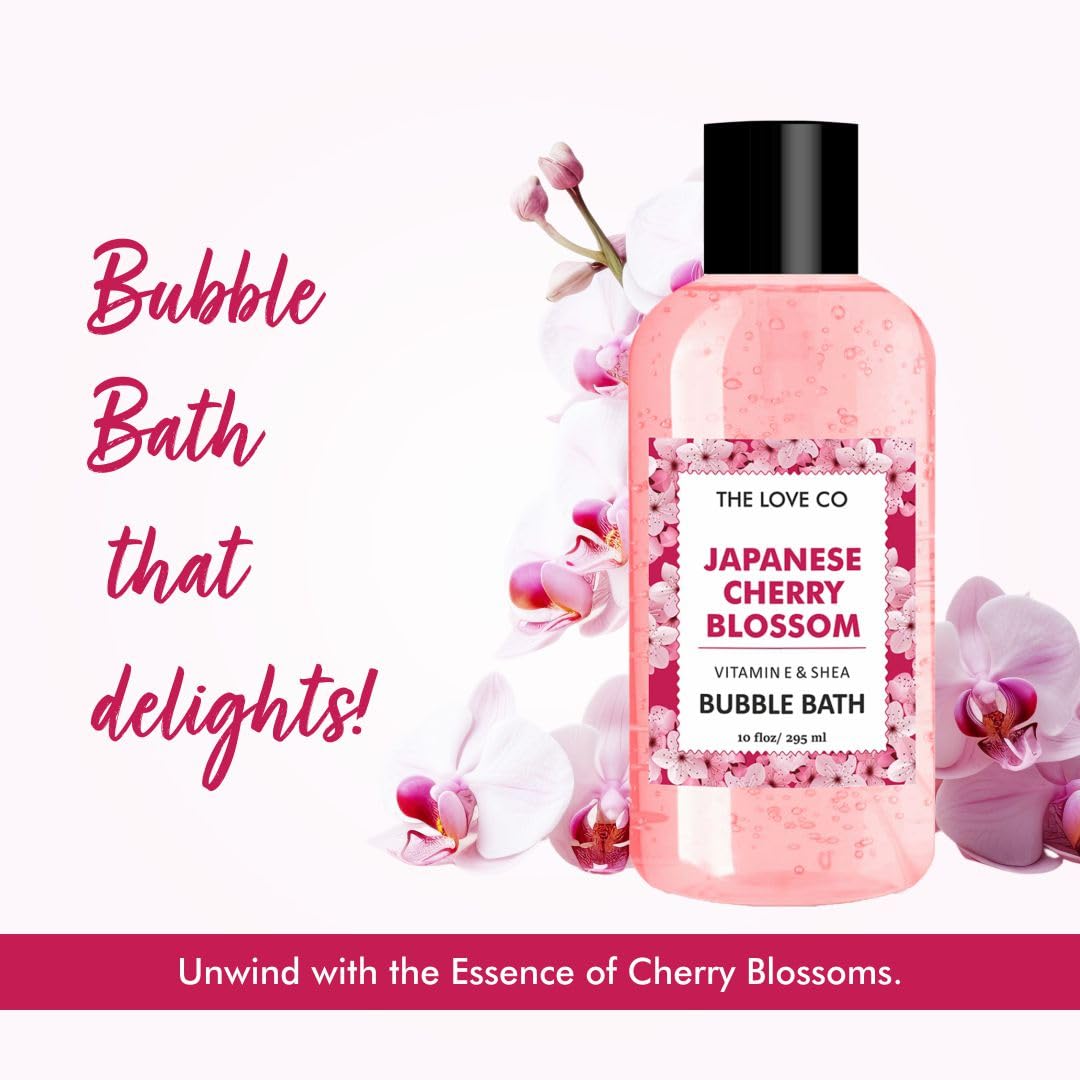 THE LOVE CO. Luxury Japanese Cherry Blossom Bubble Bath - Aromatherapy Soap and Bath Oil with Epsom Salt for Dry Skin - Moisturizing and Soothing - Suitable for All Ages and Sensitive Skin - Luxury Bubble Bath for Self-Care - 295ml
