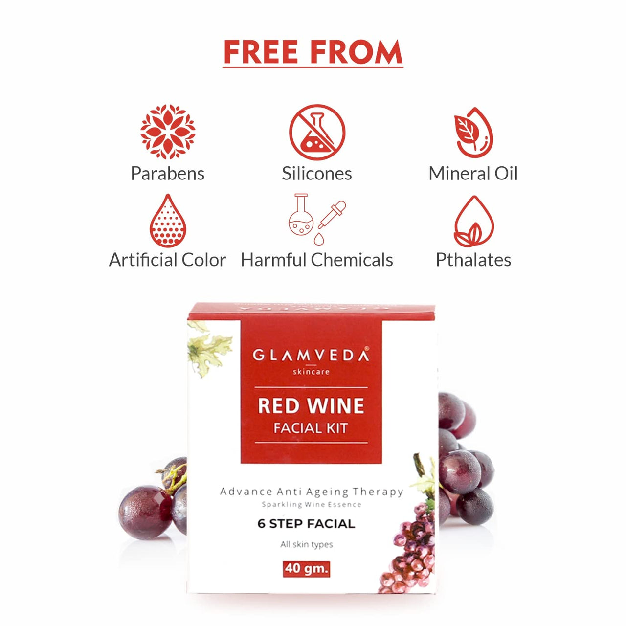 Glamveda Red Wine Advance Anti Ageing And Rice Water Brightening Facial Kit | 80 gm