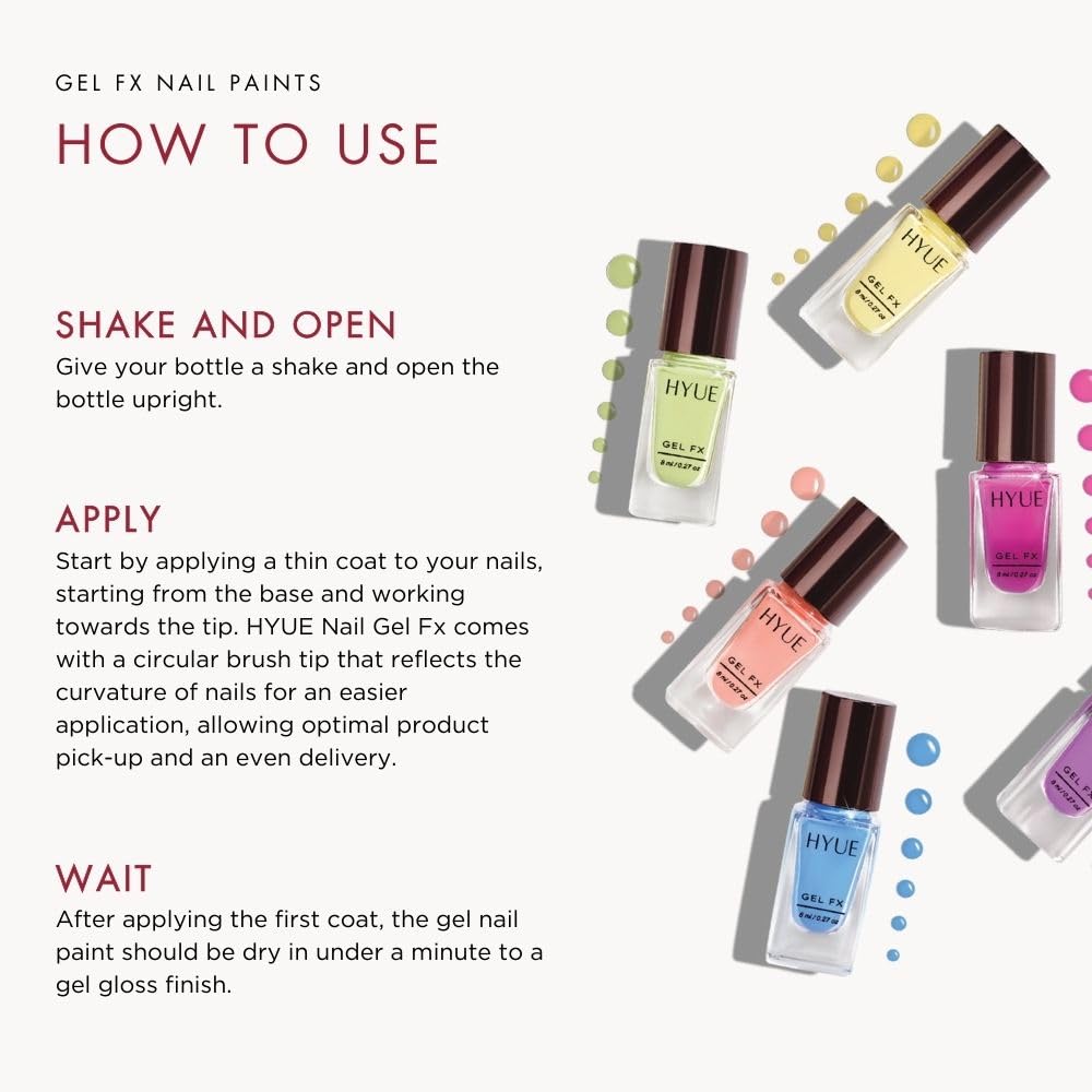 HYUE Gel FX Nail Paint | Spring-Summer Pastels | 8 ml x 5 | Ultra-Glossy Shine | Long-Lasting Wear | Chip-Resistant Formula | Quick-Drying | High-Impact Glossy Finish | Available in 22 Shades