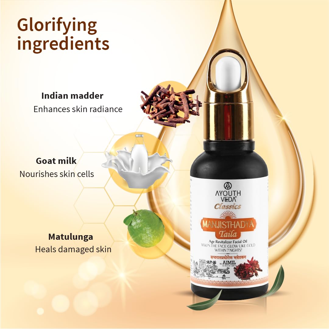 Ayouthveda Manjisthadya Taila | Nourishes Skin Tone With Goat Milk & Matulunga| Helps To Restore Dull Skin | Work As Natural Skin Illuminator | Anti-Aging Facial Oil (Pack Of 2-30ml each)