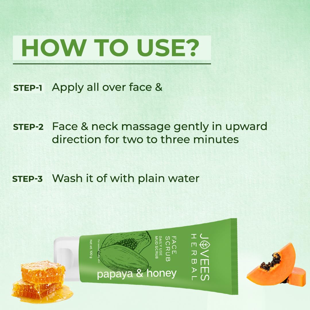 Jovees Herbal Papaya & honey Face Scrub | With Honey,Neem & Chamomile Extract | For Normal to Dry Skin | Gently Remove Dead Skin | Improves Uneven Skin Tone | Paraben And Alcohol Free | 100gm