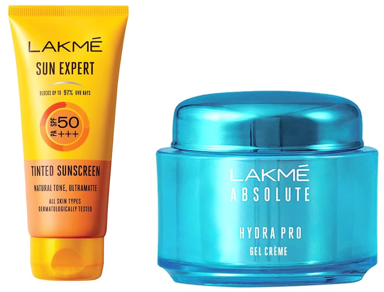 Lakmé Absolute Hydra Pro Gel Day Crème, 50G & Sun Expert Tinted Cream Sunscreen 50 Spf for Dry Skin, 100Ml