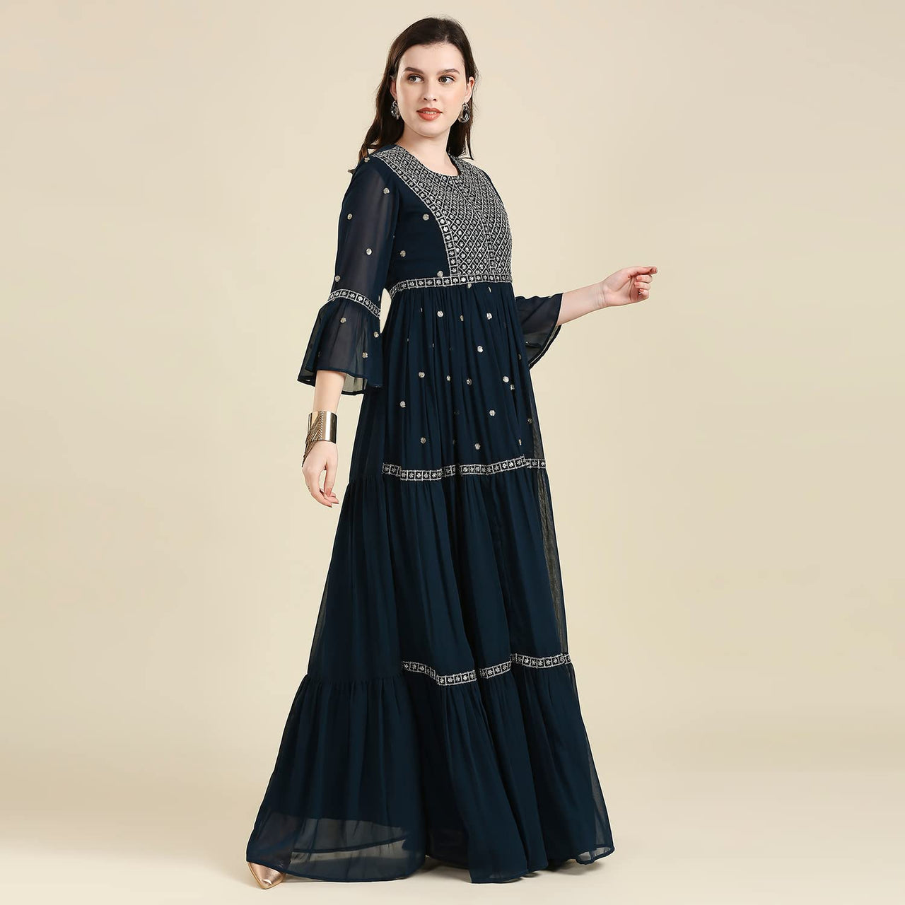 madhuram Women and Girls Fox Georgette Boat Neck with 3/4 Sleeve and Sequence Embroidery Lace Work Anarkali Gown