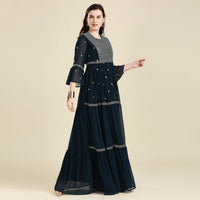 madhuram Women and Girls Fox Georgette Boat Neck with 3/4 Sleeve and Sequence Embroidery Lace Work Anarkali Gown