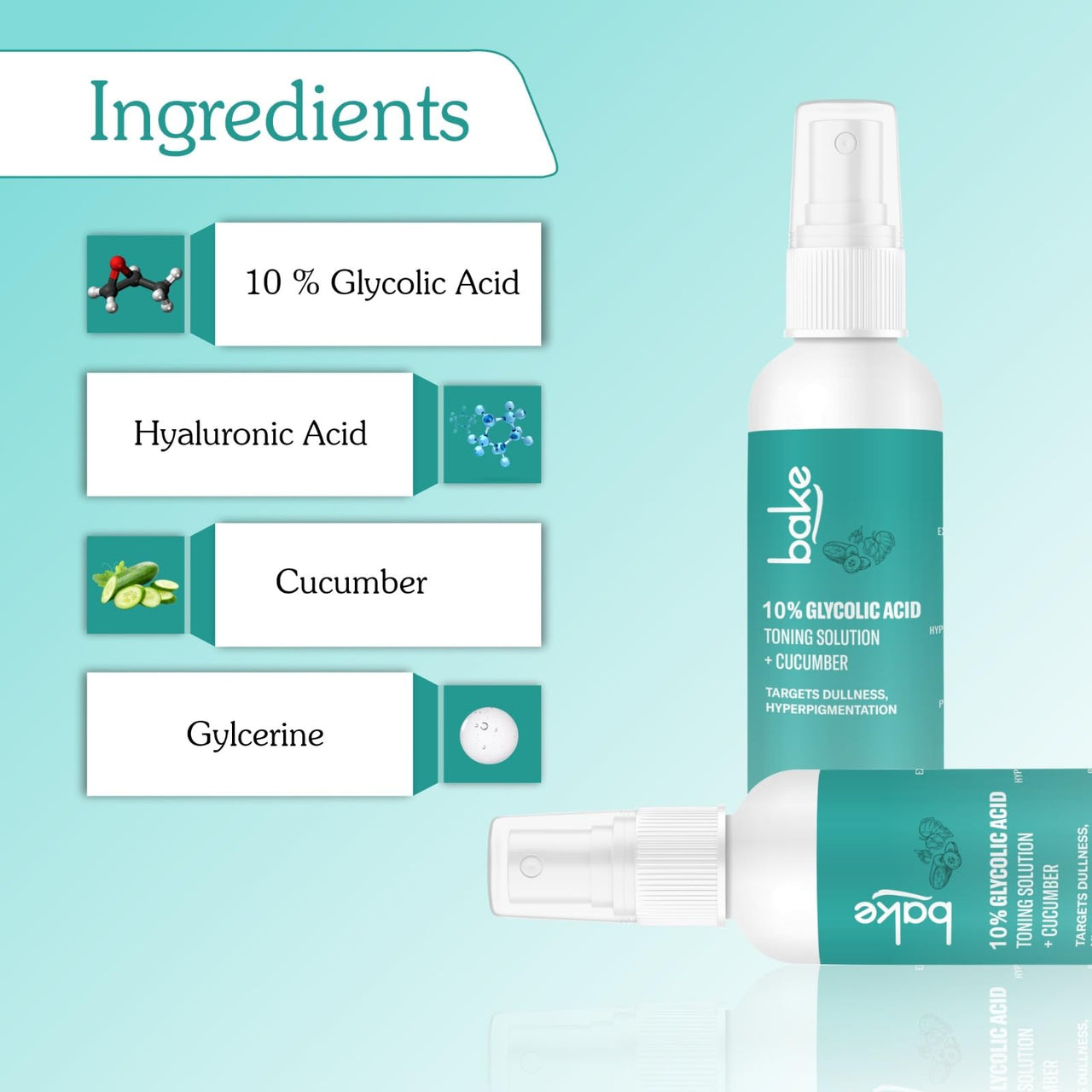 BAKE 10% Glycolic Acid Toner with Hyaluronic Acid | Targets Hyperpigmentation | Pore Tightening Toner for Face & Underarms | For Combination skin, Oily, Acne Prone skin | Alcohol Free Toner | 100ml