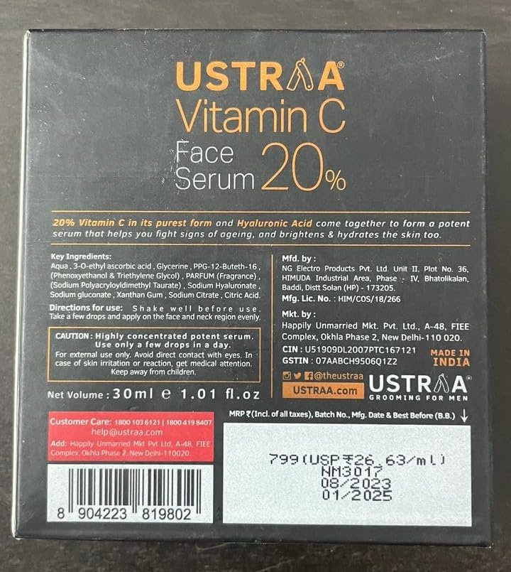 Ustraa Face Wash - Oily Skin - 200g | With Basil & Key Lime - For Acne-Prone Skin | Checks Acne & Blackheads & 20% Vitamin C Face Serum - 30ml | 20% Vitamin C in Pure form | Anti-Aging, Brightening